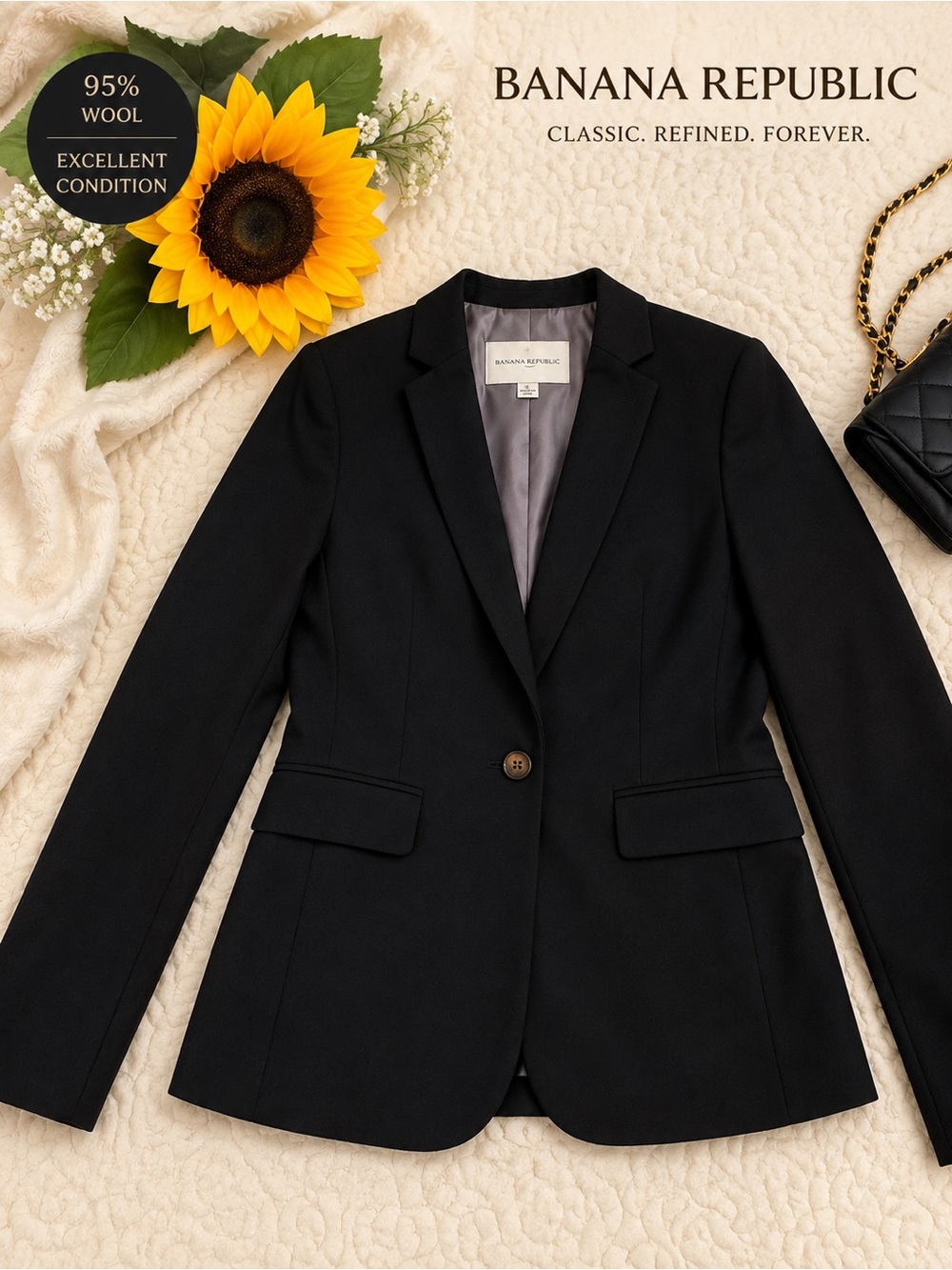 Banana Republic Black Wool Stretch Blazer — Size 8